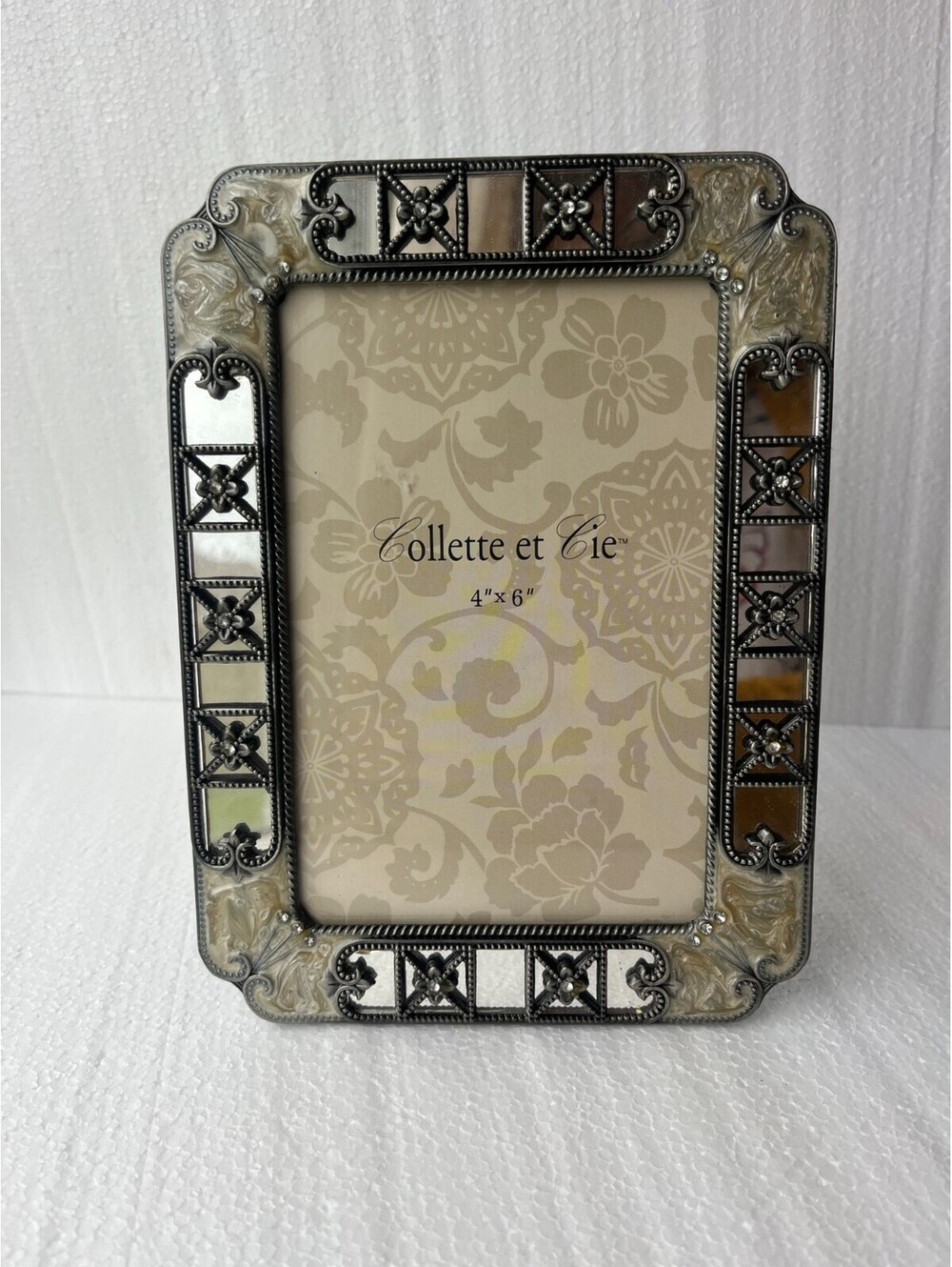 Collette et Cie 4x6 Jeweled Mirrored Photo Frame Ornate Silver Victorian Style